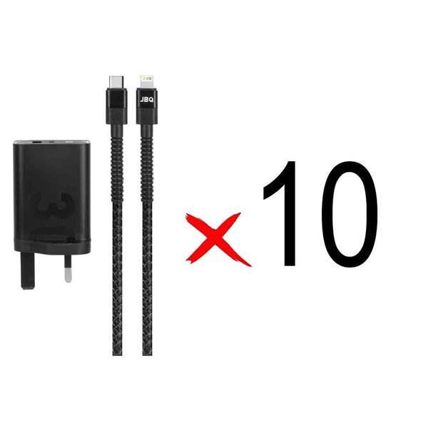 شارژر دیواری فست دو پورت JBQ مدل HC-30w 30W همراه با کابل Type-C To Lightning - مشکی (بسته 10 عددی)