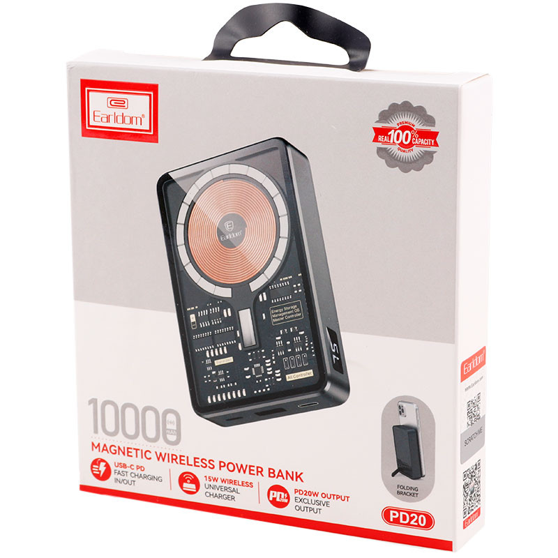 پاور بانک بی سیم فست شارژ ارلدام ET-PD20 PD 15W ظرفیت 10000 میلی آمپر ساعت