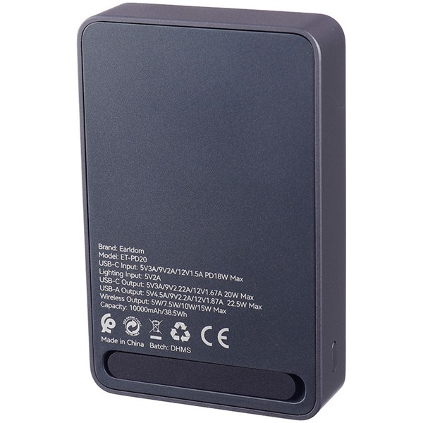 پاور بانک بی سیم فست شارژ ارلدام ET-PD20 PD 15W ظرفیت 10000 میلی آمپر ساعت