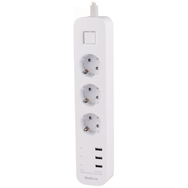 چند راهی 3 خانه ارت دار هادرون P323 با کابل 1.8 متری + شارژر USB