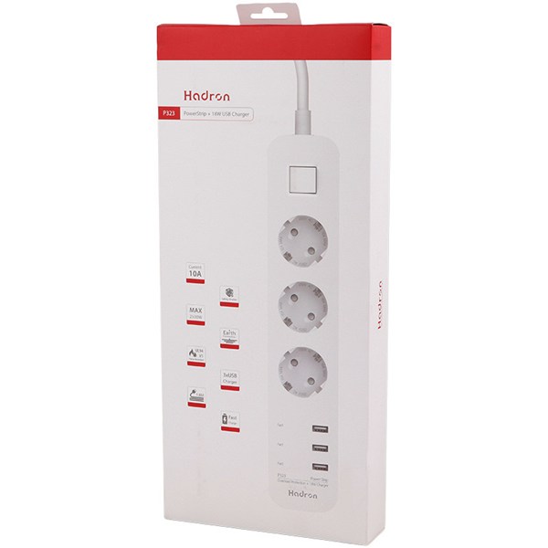 چند راهی 3 خانه ارت دار هادرون P323 با کابل 1.8 متری + شارژر USB