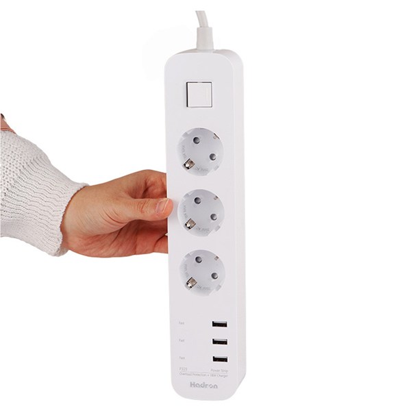 چند راهی 3 خانه ارت دار هادرون P323 با کابل 1.8 متری + شارژر USB