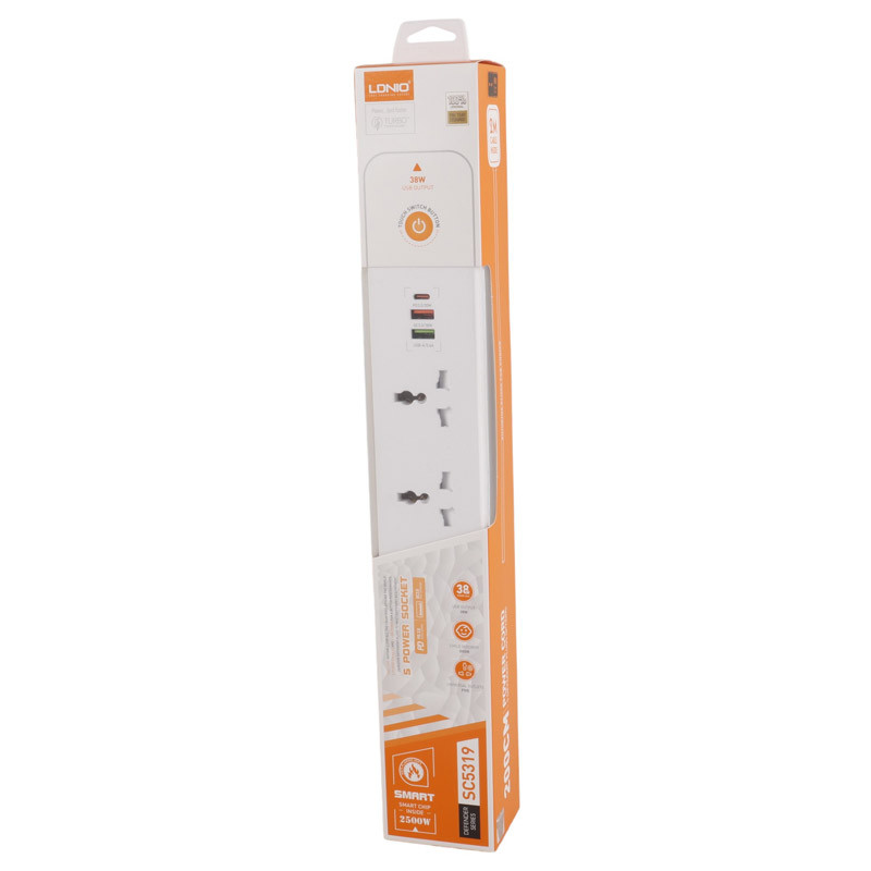 چند راهی 5 خانه الدینیو SC5319 با کابل 2 متری + شارژر USB و Type-C