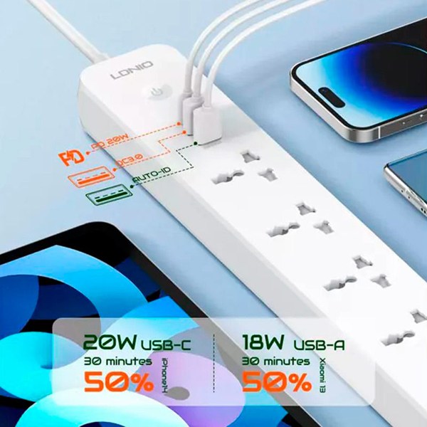 چند راهی 5 خانه الدینیو SC5319 با کابل 2 متری + شارژر USB و Type-C