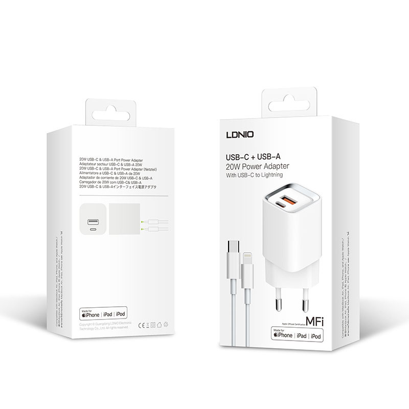 شارژر دیواری 20 وات الدینیو A2318M QC3 PD 3A + کابل تبدیل آیفونی