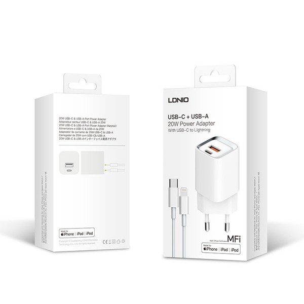شارژر دیواری 20 وات الدینیو A2318M QC3 PD 3A + کابل تبدیل آیفونی