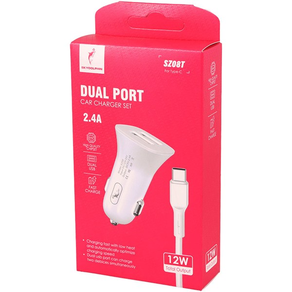 شارژر فندکی 12 وات اسکای دلفین SZ08 + کابل تایپ سی
