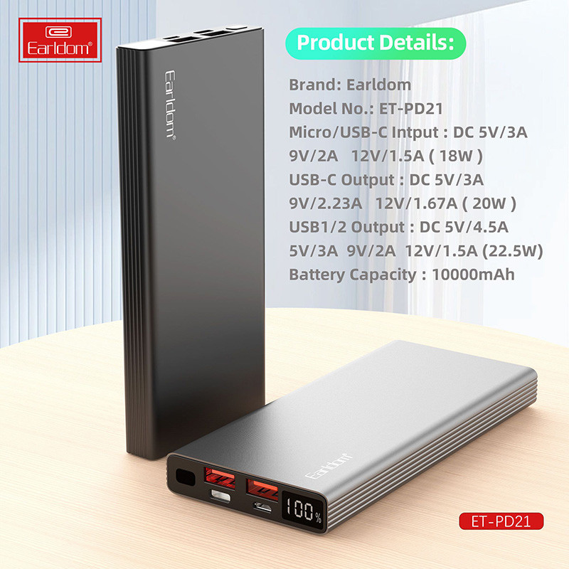 پاور بانک فست شارژ ارلدام ET-PD21 QC3.0 PD 22.5W ظرفیت 10000 میلی آمپر ساعت