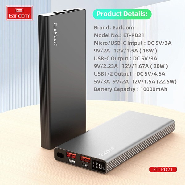 پاور بانک فست شارژ ارلدام ET-PD21 QC3.0 PD 22.5W ظرفیت 10000 میلی آمپر ساعت