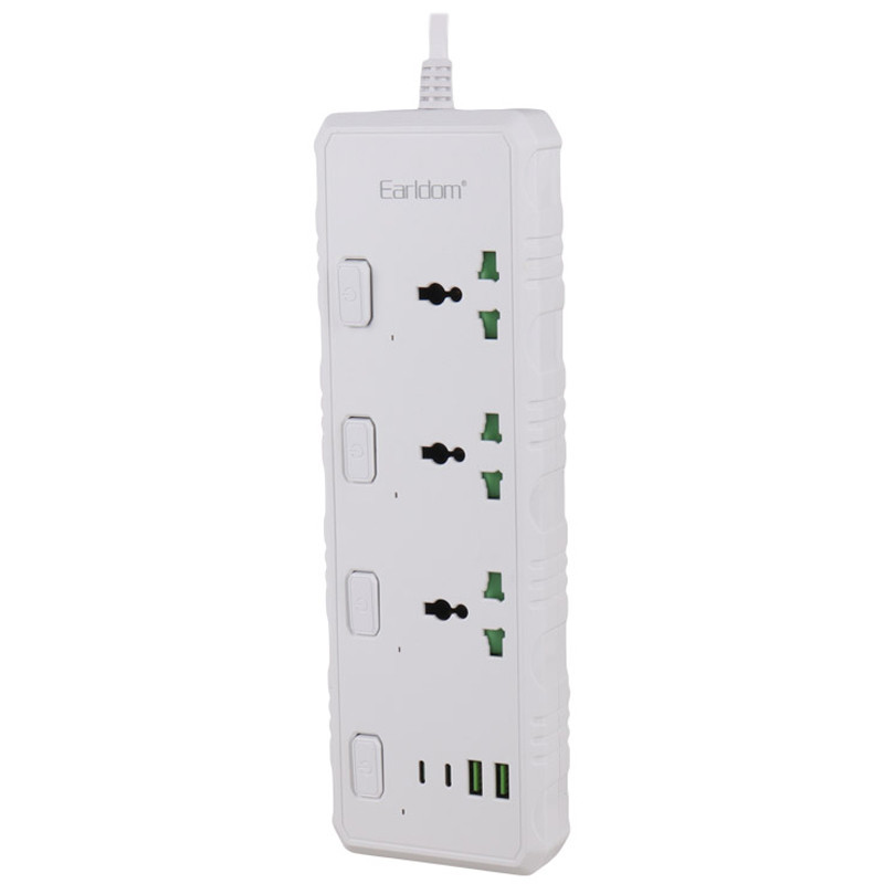 چند راهی 3 خانه ارت دار ارلدام ES-SC10 با کابل 2 متری + شارژر USB و Type-C
