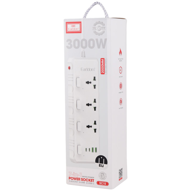 چند راهی 3 خانه ارت دار ارلدام ES-SC10 با کابل 2 متری + شارژر USB و Type-C