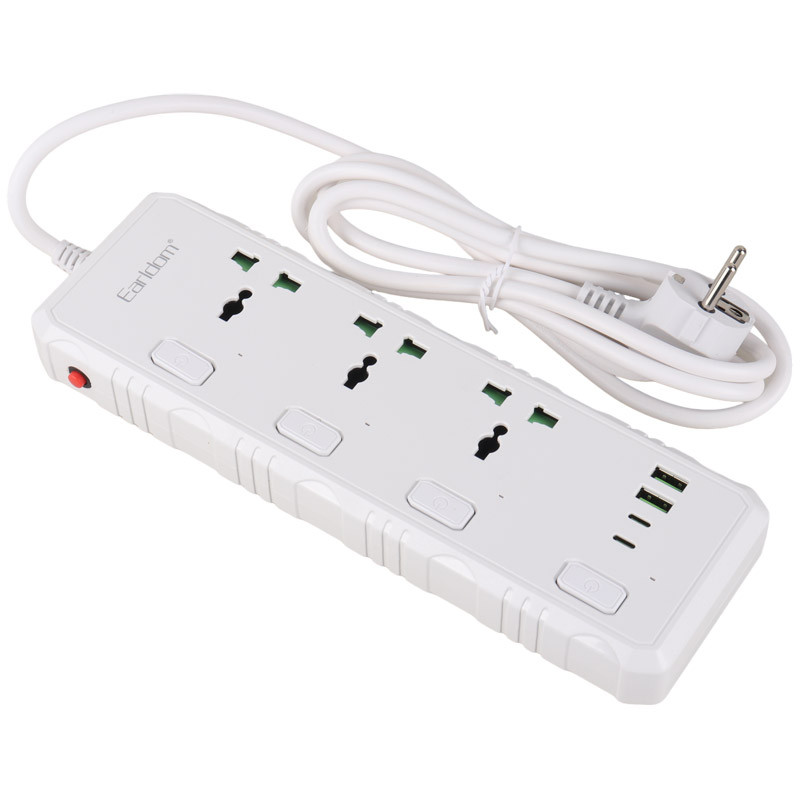 چند راهی 3 خانه ارت دار ارلدام ES-SC10 با کابل 2 متری + شارژر USB و Type-C