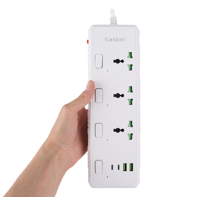 چند راهی 3 خانه ارت دار ارلدام ES-SC10 با کابل 2 متری + شارژر USB و Type-C
