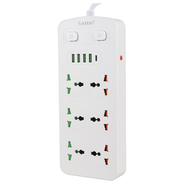 چند راهی 6 خانه ارت دار ارلدام ES-SC09 با کابل 2 متری + شارژر USB و Type-C