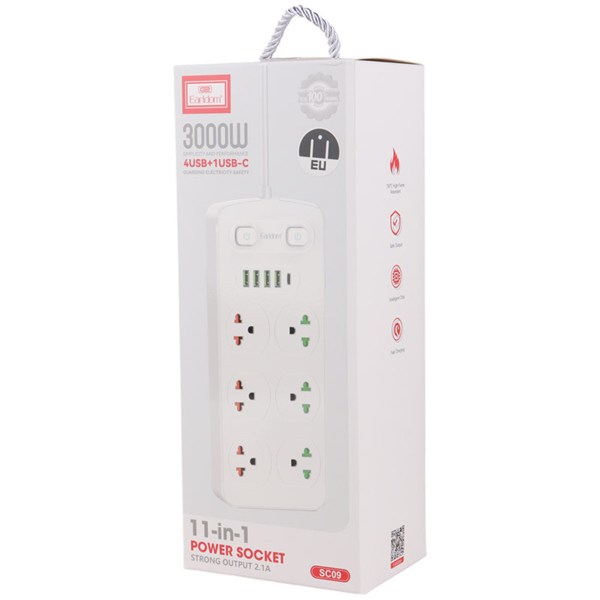 چند راهی 6 خانه ارت دار ارلدام ES-SC09 با کابل 2 متری + شارژر USB و Type-C