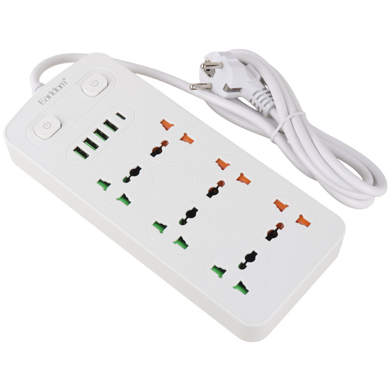 چند راهی 6 خانه ارت دار ارلدام ES-SC09 با کابل 2 متری + شارژر USB و Type-C