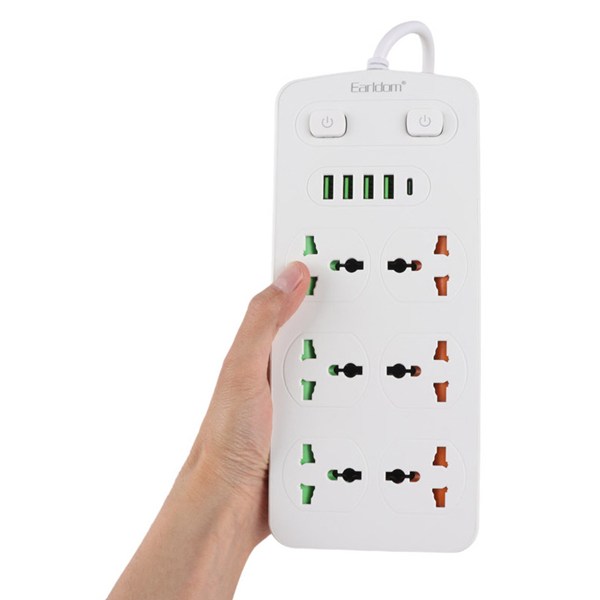 چند راهی 6 خانه ارت دار ارلدام ES-SC09 با کابل 2 متری + شارژر USB و Type-C