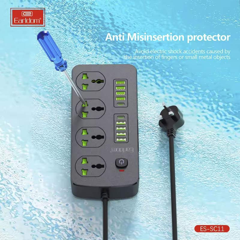 چند راهی 4 خانه ارلدام ES-SC11 با کابل 2 متری + شارژر USB و Type-C