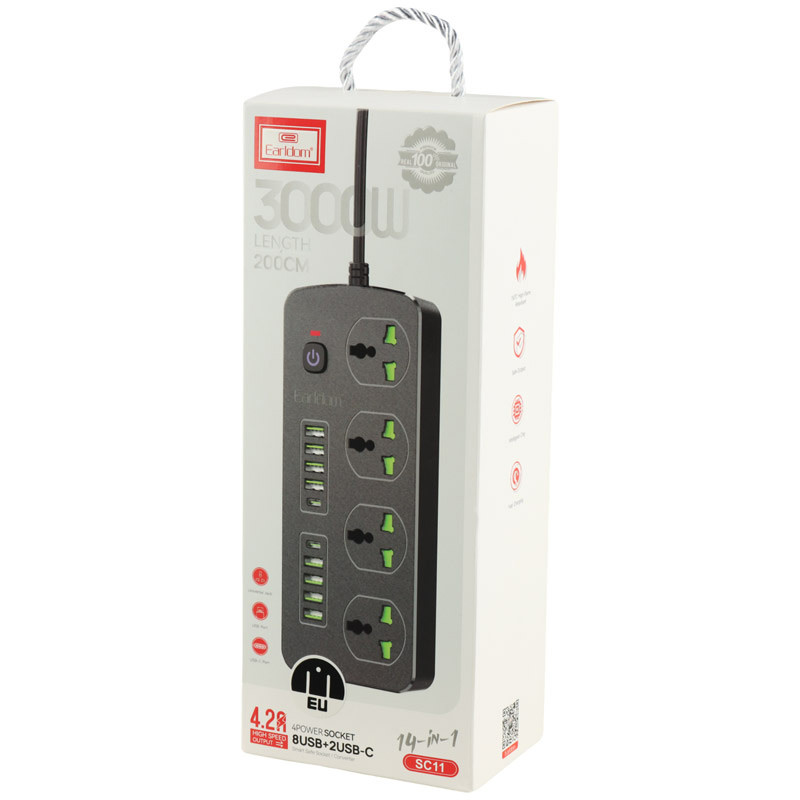 چند راهی 4 خانه ارلدام ES-SC11 با کابل 2 متری + شارژر USB و Type-C