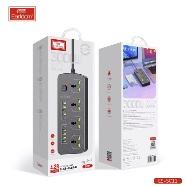 چند راهی 4 خانه ارلدام ES-SC11 با کابل 2 متری + شارژر USB و Type-C