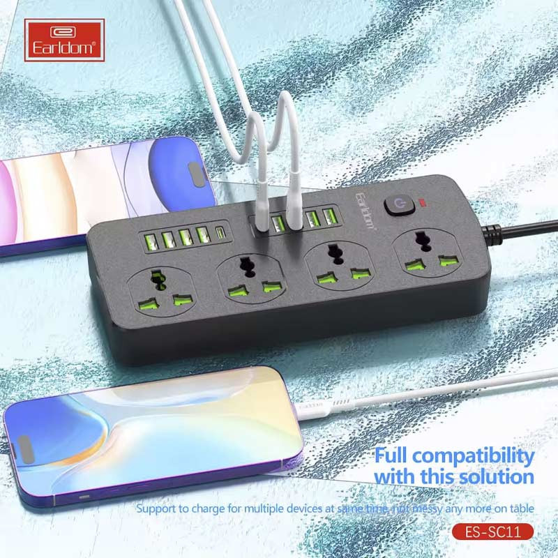 چند راهی 4 خانه ارلدام ES-SC11 با کابل 2 متری + شارژر USB و Type-C