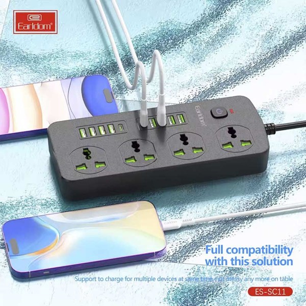 چند راهی 4 خانه ارلدام ES-SC11 با کابل 2 متری + شارژر USB و Type-C
