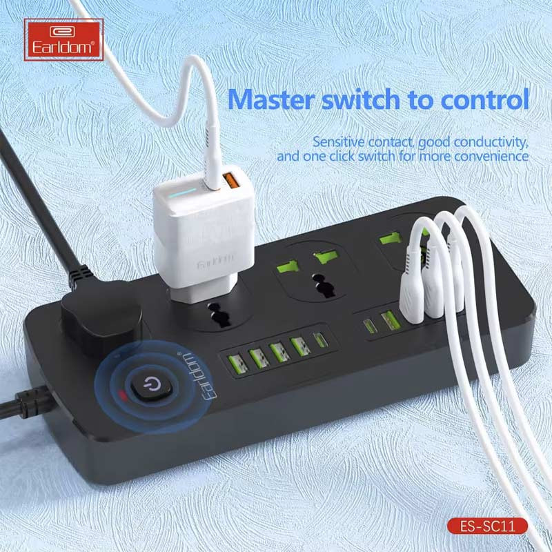 چند راهی 4 خانه ارلدام ES-SC11 با کابل 2 متری + شارژر USB و Type-C