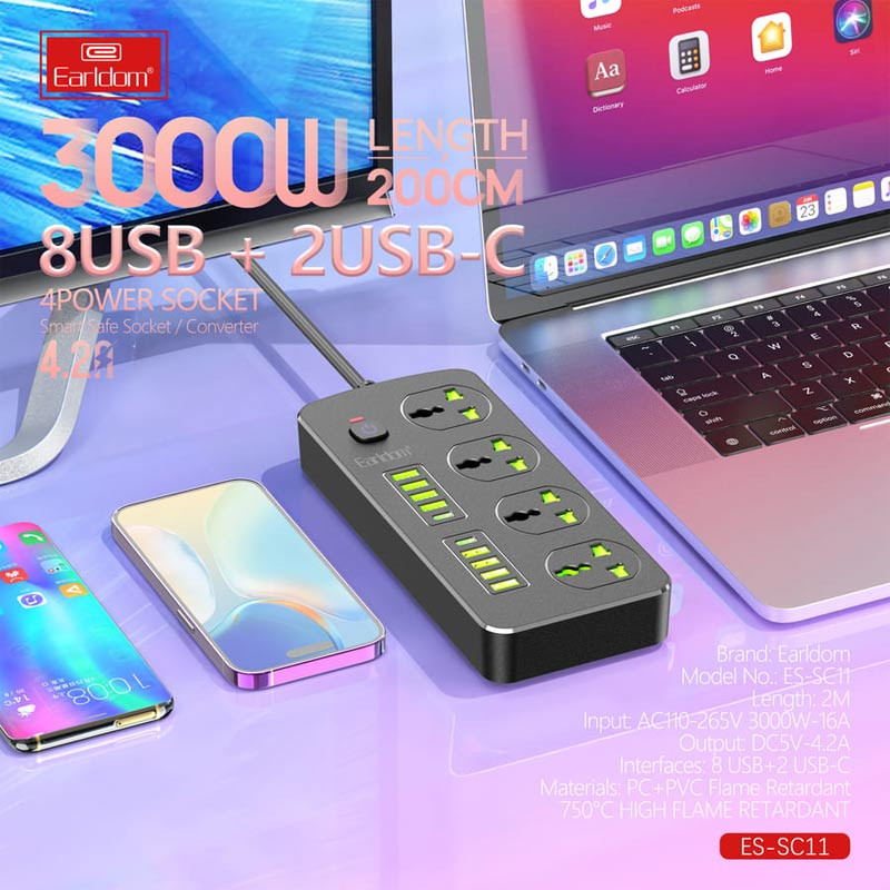 چند راهی 4 خانه ارلدام ES-SC11 با کابل 2 متری + شارژر USB و Type-C