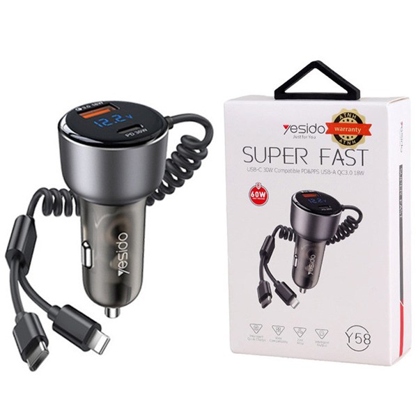 شارژر فندکی فست شارژ Yesido Y58 3A QC3.0 PD 30W