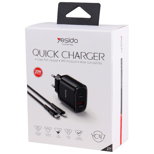 شارژر دیواری 20 وات یسیدو YC47 PD QC 3A + کابل تبدیل آیفونی