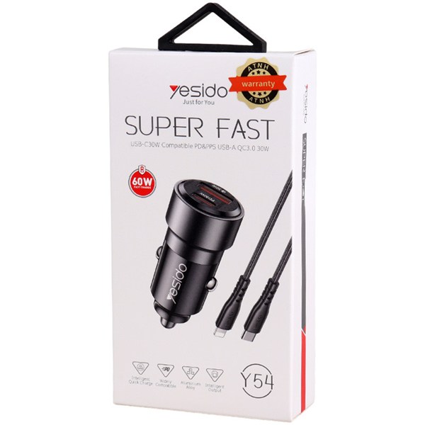 شارژر فندکی 30 وات یسیدو Y54 + کابل تبدیل آیفونی
