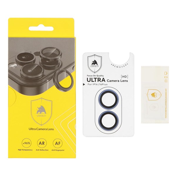 محافظ لنز رینگی اورجینال Ultra Camera Lens شابلون دار Apple iPhone 16 / iPhone 16 Plus - آبی (پک دار)