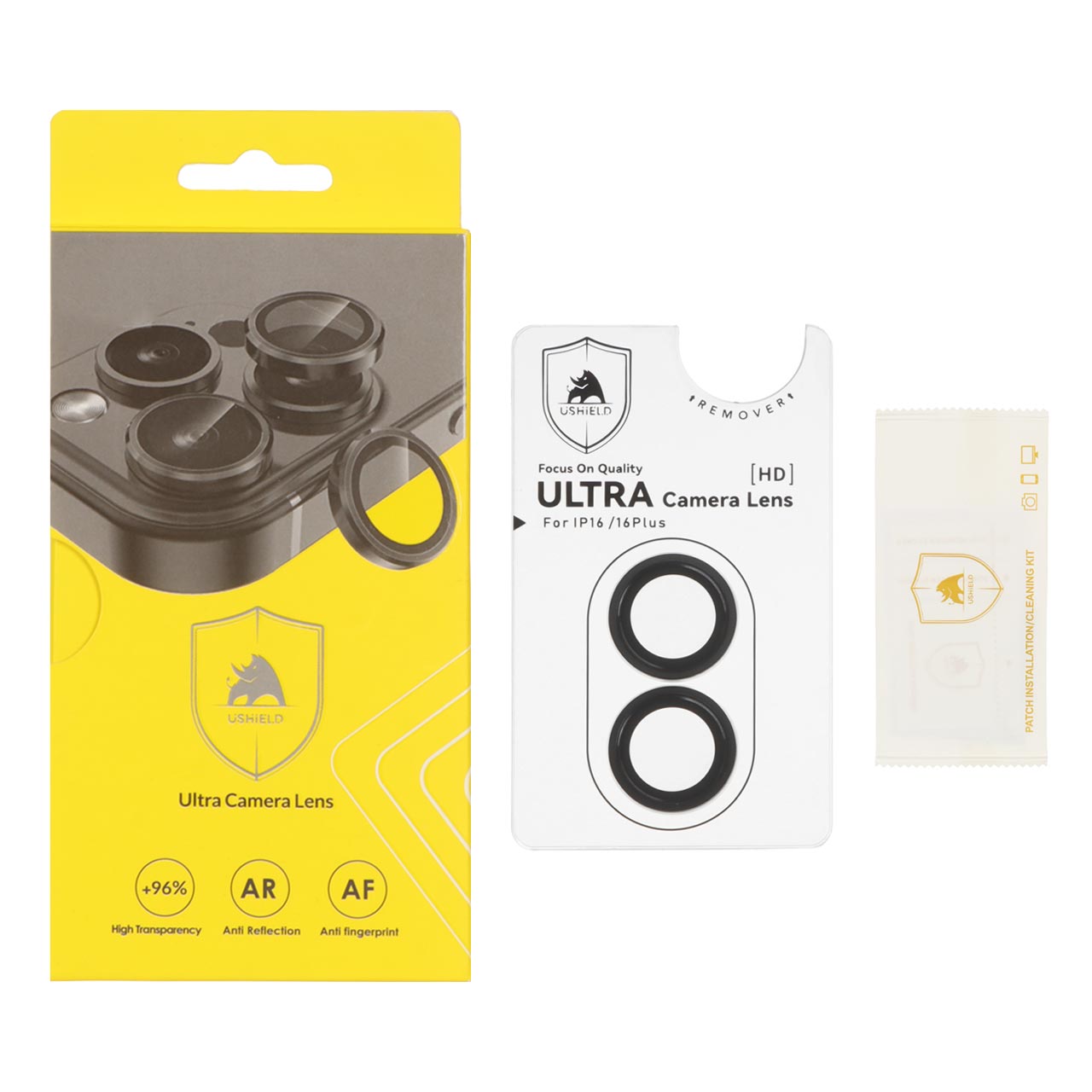 محافظ لنز رینگی اورجینال Ultra Camera Lens شابلون دار Apple iPhone 16 / iPhone 16 Plus - مشکی (پک دار)