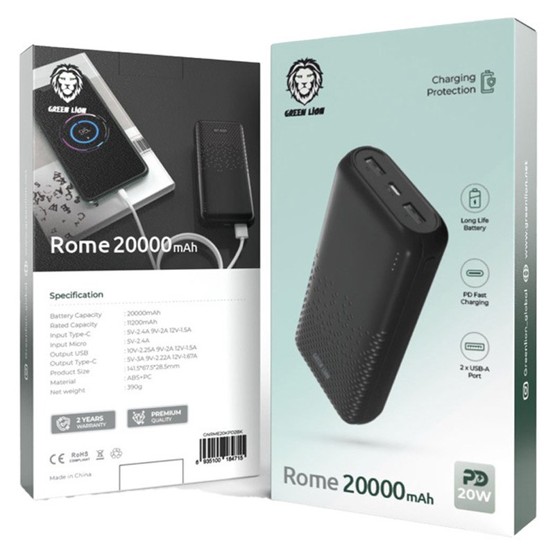 پاور بانک فست شارژ گرین لاین Green Lion Rome PD 20W ظرفیت 20000 میلی آمپر ساعت