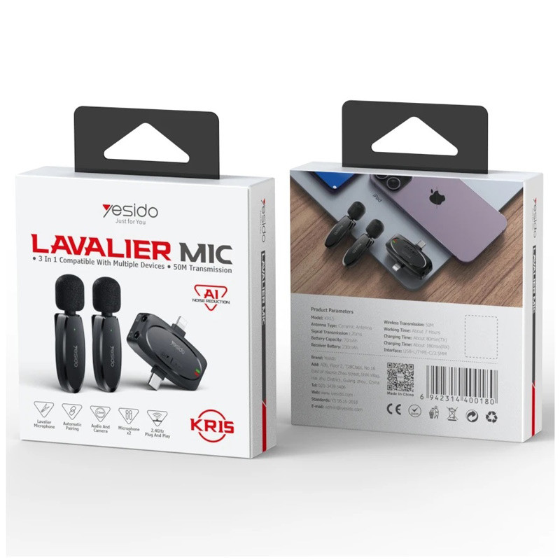 میکروفون یقه ای بی سیم دوتایی یسیدو KR15 Type-C / Lightning