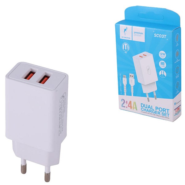 شارژر دیواری 12 وات اسکای دلفین SC03T 2.4A + کابل تایپ سی