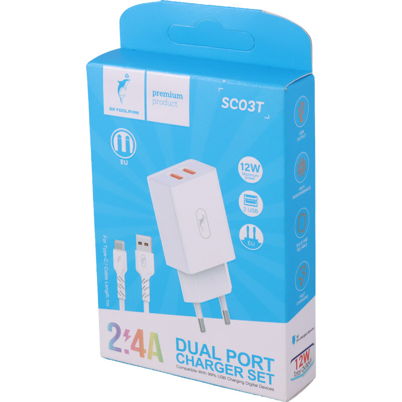 شارژر دیواری 12 وات اسکای دلفین SC03T 2.4A + کابل تایپ سی