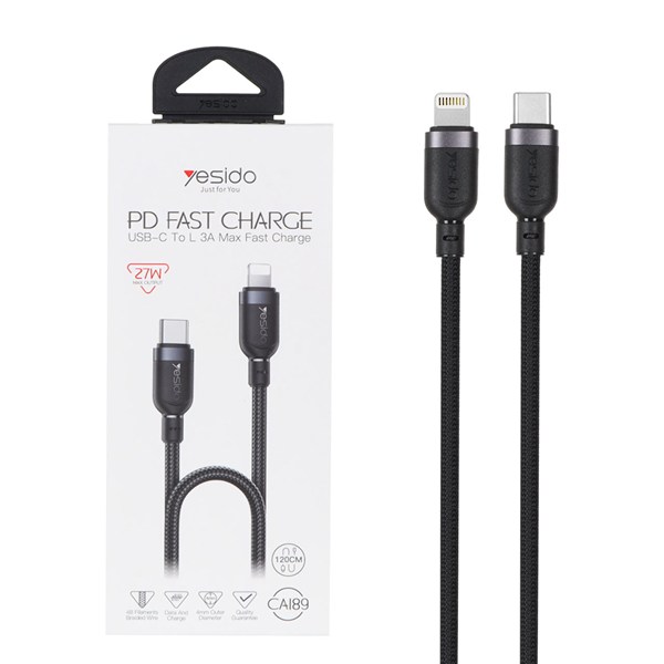کابل شارژ فست 1.2 متری Yesido Type-C To Lightning مدل CA189 27W - مشکی (گارانتی12 ماه تعویض نیکان همراه)