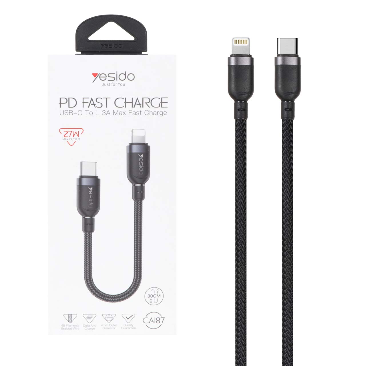 کابل شارژ فست پاوربانک Yesido Type-C To Lightning مدل CA187 27W - مشکی (گارانتی 18 ماه تعویض نیکان همراه)