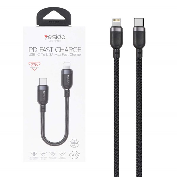 کابل شارژ فست پاوربانک Yesido Type-C To Lightning مدل CA187 27W - مشکی (گارانتی 18 ماه تعویض نیکان همراه)