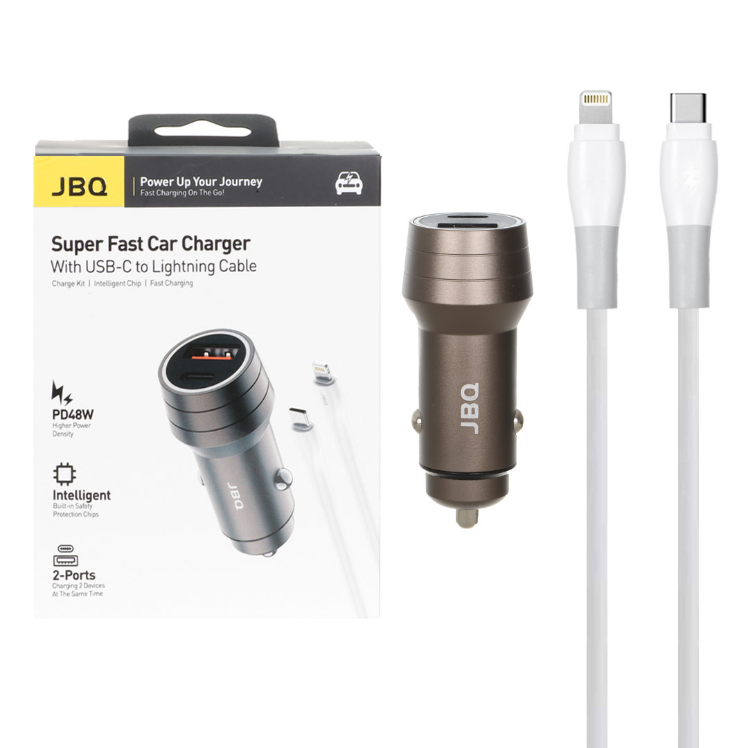 شارژر فندکی PD و فست دو پورت JBQ مدل C458534 48W به همراه کابل شارژ Type-C To Lightning - قهوه ای (گارانتی یکساله رصاصی)