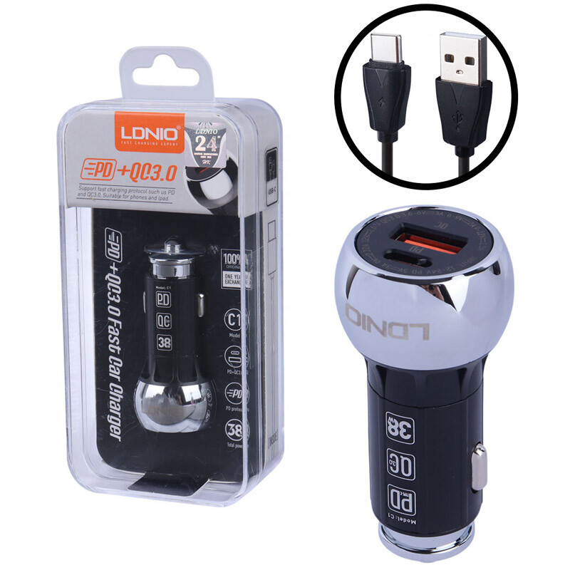 شارژر فندکی فست شارژ Ldnio C1 QC3.0 PD 20W + کابل تایپ سی