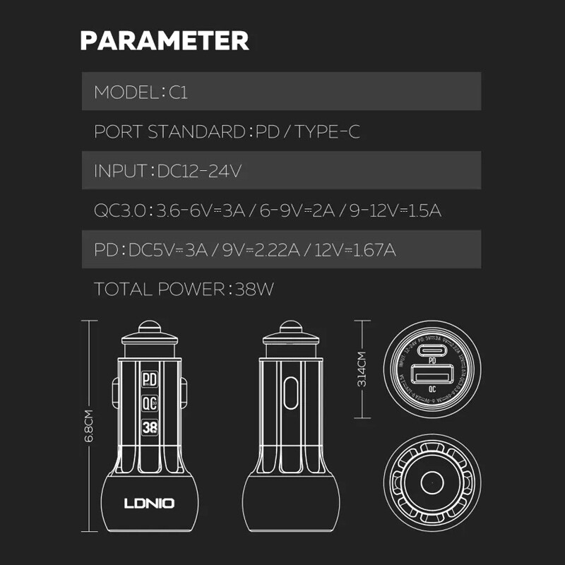 شارژر فندکی فست شارژ Ldnio C1 QC3.0 PD 20W + کابل تایپ سی