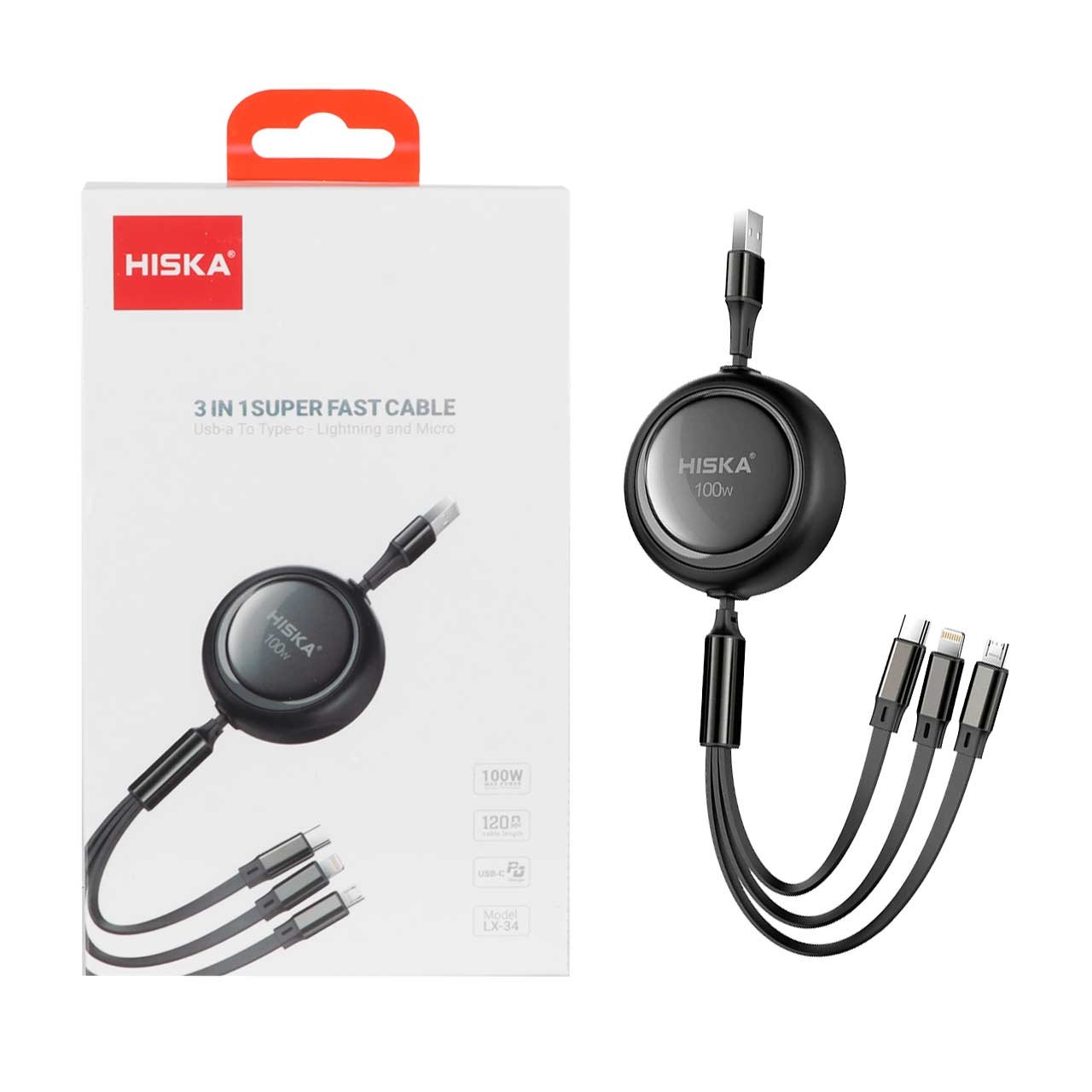 کابل شارژ PD و فست سه کاره Hiska مدل LX-34 100W - مشکی