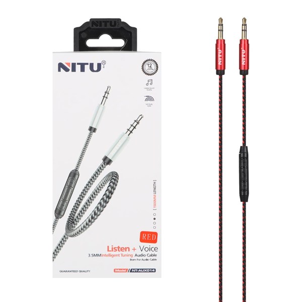 کابل صدا 1.5 متری کنفی Nitu Aux  دارای کلیدهای کنترلی روی کابل مدل NT-AUX014 - قرمز (گارانتی 18 ماه تعویض نیکان همراه)