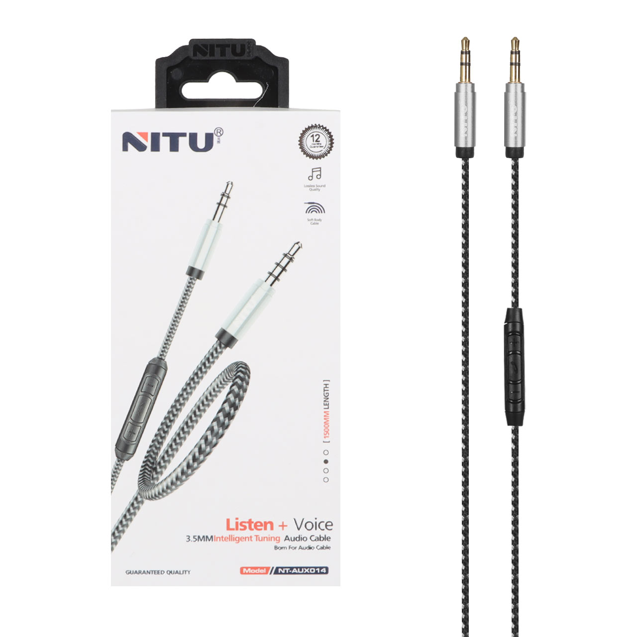 کابل صدا 1.5 متری کنفی Nitu Aux دارای کلیدهای کنترلی روی کابل مدل NT-AUX014 - خاکستری (گارانتی 18 ماه تعویض نیکان همراه)