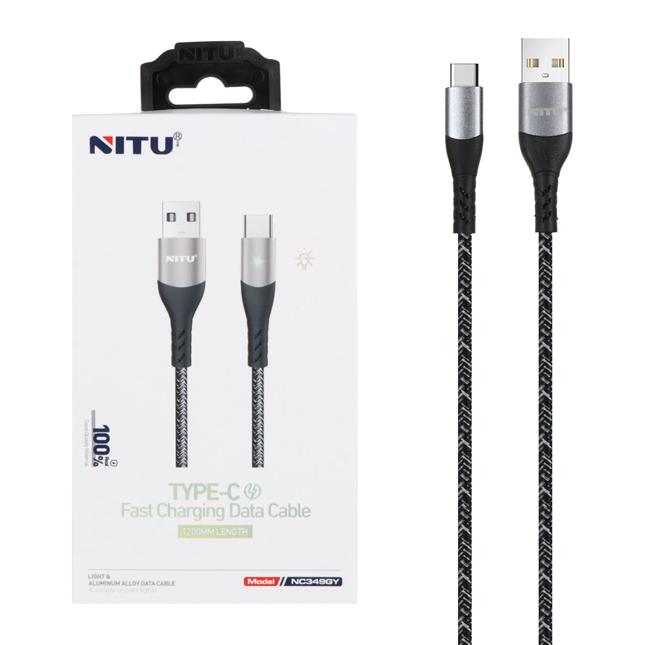 کابل شارژ و دیتا فست کنفی 1.2 متری Nitu Type-C مدل NC349GY - خاکستری (گارانتی 18 ماه تعویض نیکان همراه)