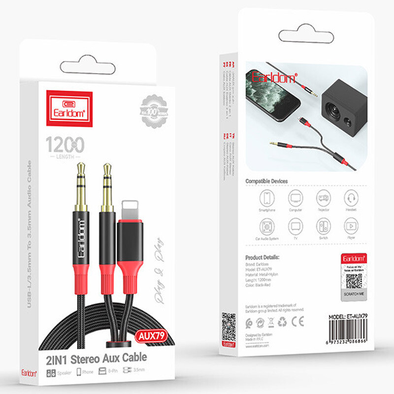 کابل تبدیل AUX به AUX/Lightning ارلدام ET-AUX79 طول 1.2 متر
