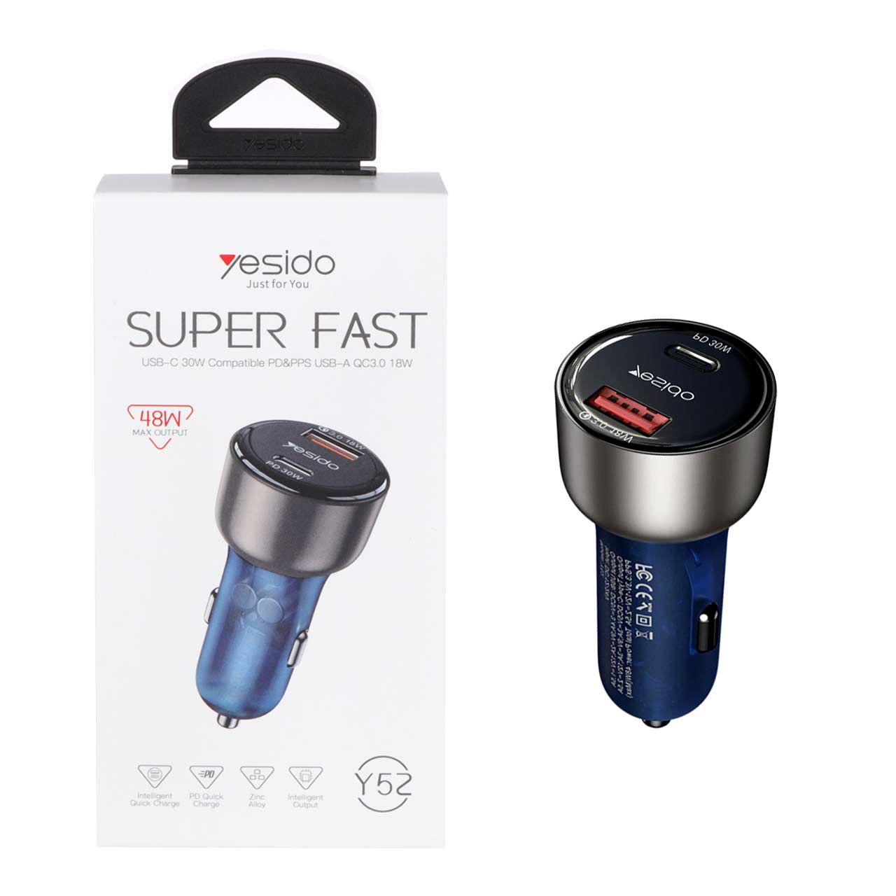 شارژر فندکی PD و فست دو پورت Yesido مدل Y52 48W - سرمه ای (گارانتی 18 ماه تعویض نیکان همراه)