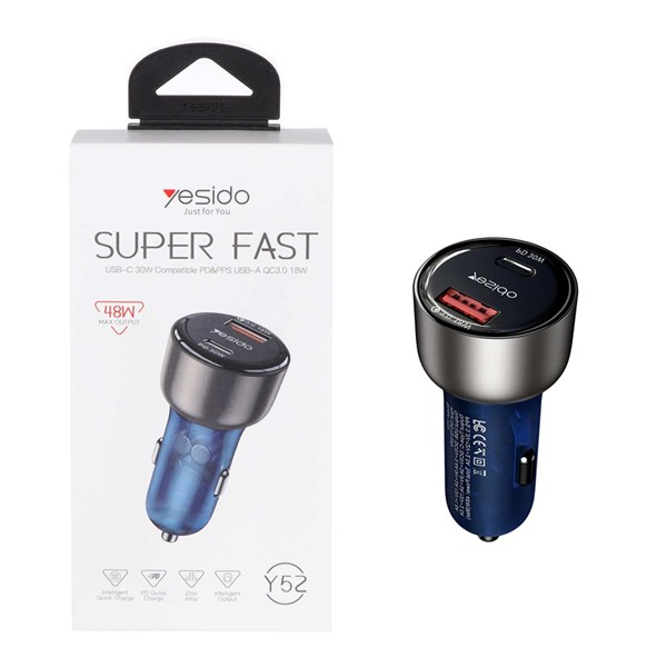 شارژر فندکی PD و فست دو پورت Yesido مدل Y52 48W - سرمه ای (گارانتی 18 ماه تعویض نیکان همراه)